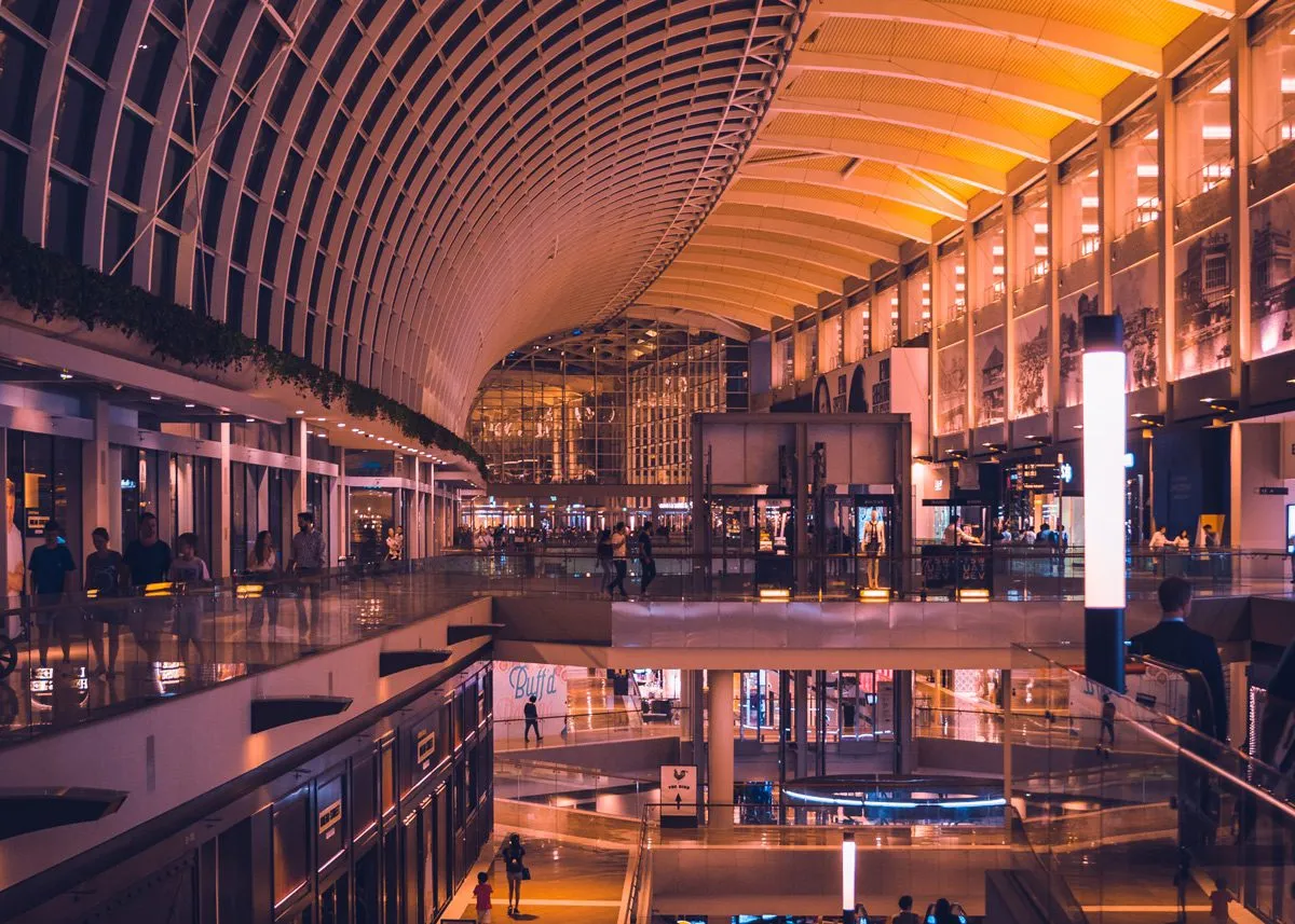 Main airport hall with sunset lighting