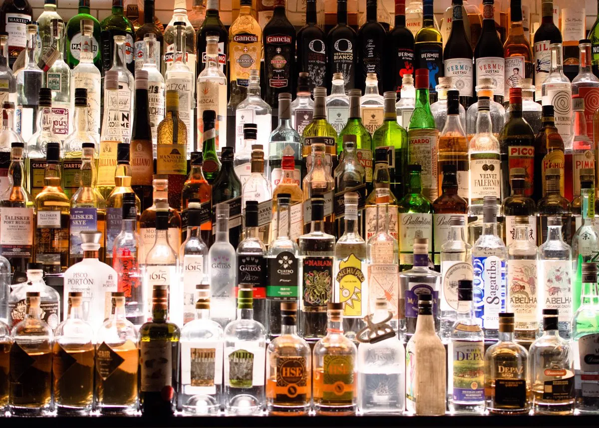 Bar shelf with alcoholic beverages