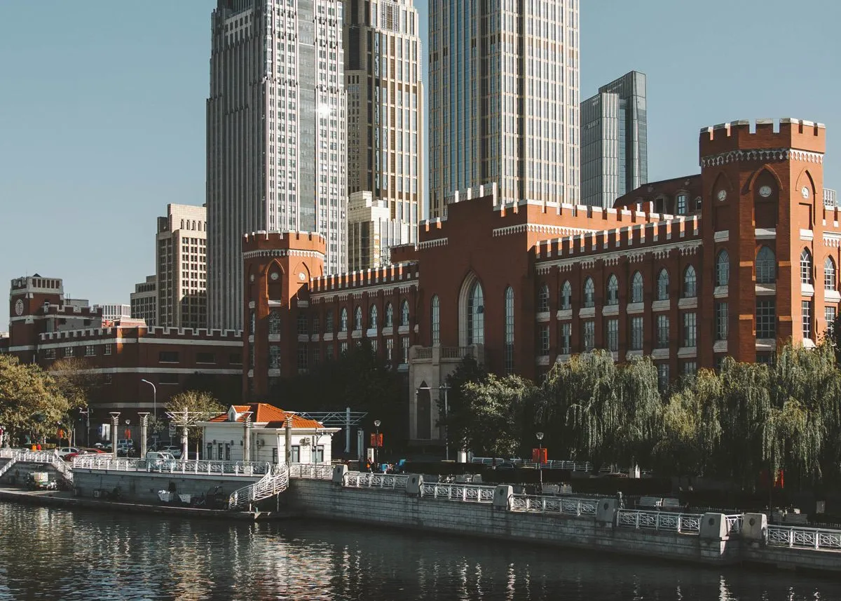 Brick building opposite the river